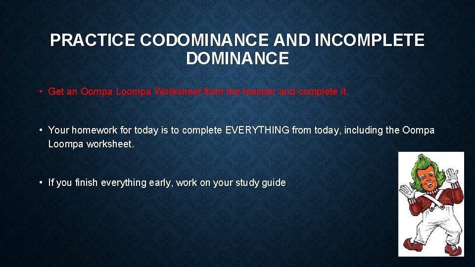 PRACTICE CODOMINANCE AND INCOMPLETE DOMINANCE • Get an Oompa Loompa Worksheet from the teacher