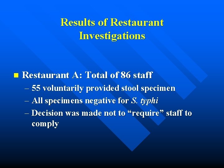 Results of Restaurant Investigations n Restaurant A: Total of 86 staff – 55 voluntarily