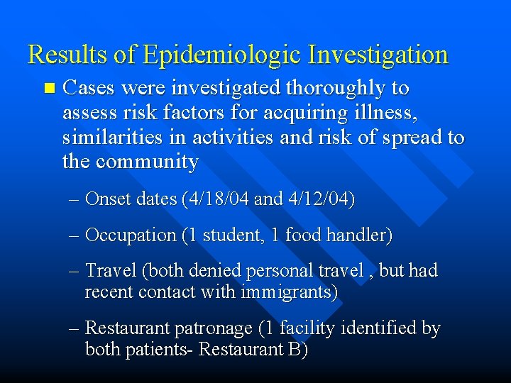 Results of Epidemiologic Investigation n Cases were investigated thoroughly to assess risk factors for
