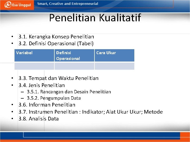 Penelitian Kualitatif • 3. 1. Kerangka Konsep Penelitian • 3. 2. Definisi Operasional (Tabel)