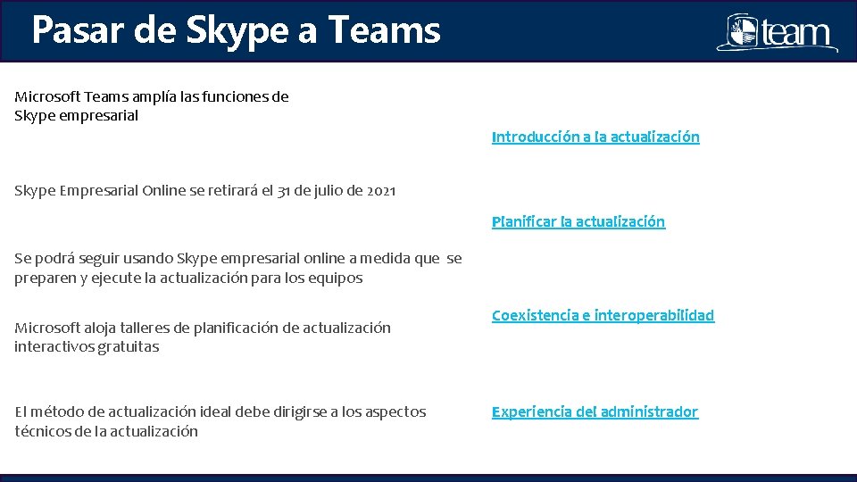 Pasar de Skype a Teams Microsoft Teams amplía las funciones de Skype empresarial Introducción Pasar de Skype a Teams Microsoft Teams amplía las funciones de Skype empresarial Introducción