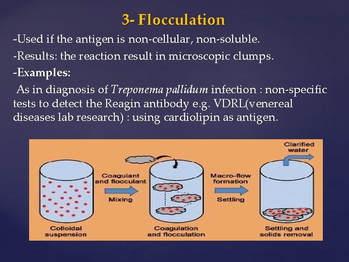 3 - Flocculation -Used if the antigen is non-cellular, non-soluble. -Results: the reaction result