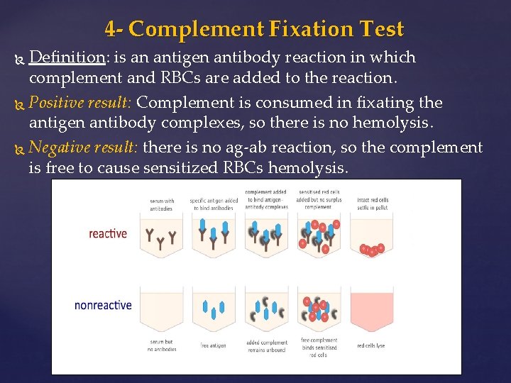 4 - Complement Fixation Test Definition: is an antigen antibody reaction in which complement
