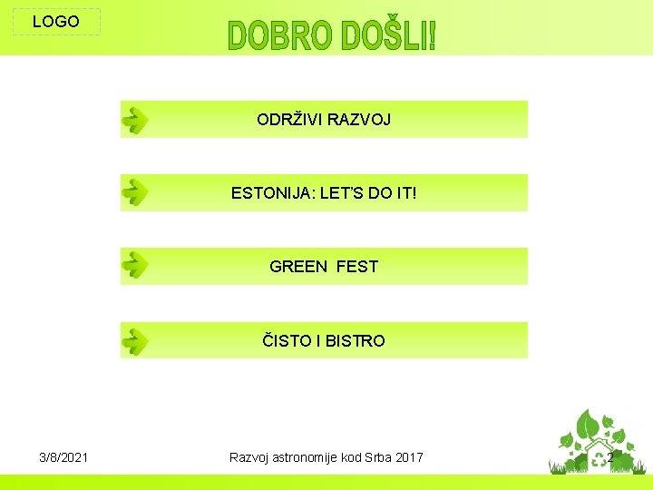 LOGO ODRŽIVI RAZVOJ ESTONIJA: LET’S DO IT! GREEN FEST ČISTO I BISTRO 3/8/2021 Razvoj