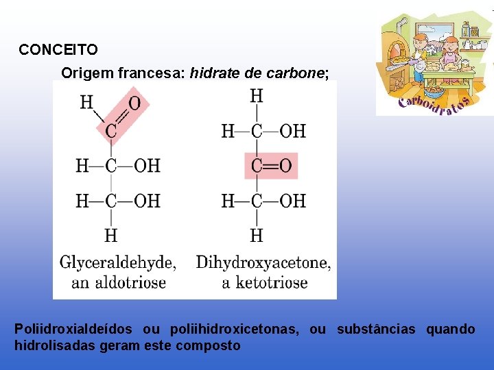 CONCEITO Origem francesa: hidrate de carbone; Poliidroxialdeídos ou poliihidroxicetonas, ou substâncias quando hidrolisadas geram