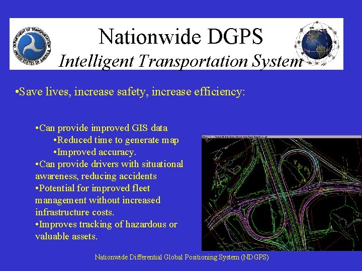 Nationwide DGPS Intelligent Transportation System • Save lives, increase safety, increase efficiency: • Can