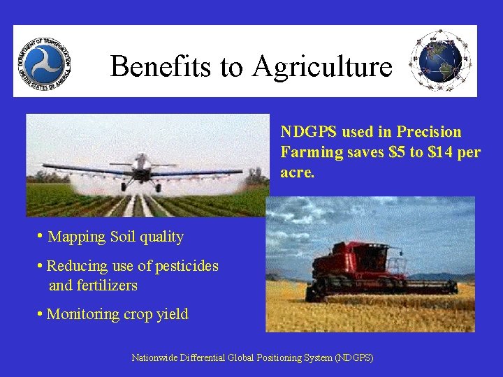 Benefits to Agriculture NDGPS used in Precision Farming saves $5 to $14 per acre.