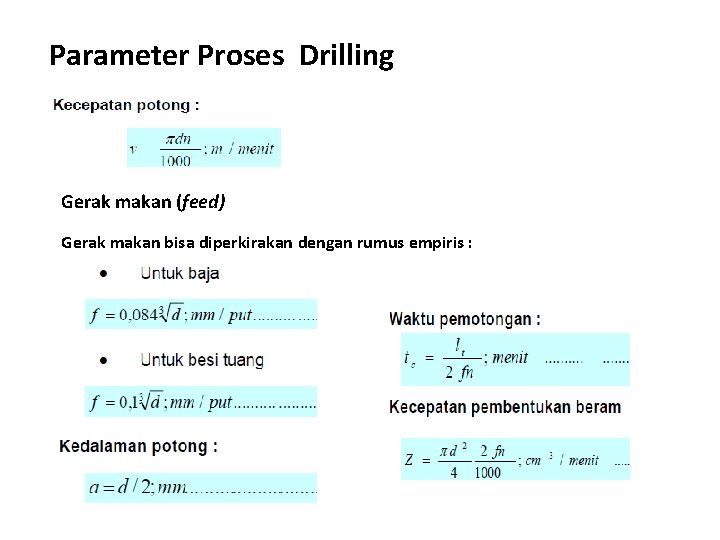 Parameter Proses Drilling Gerak makan (feed) Gerak makan bisa diperkirakan dengan rumus empiris :