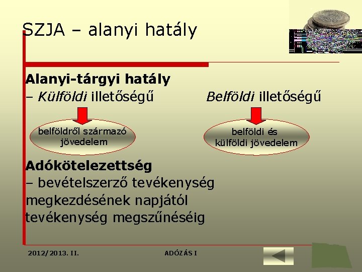 SZJA – alanyi hatály Alanyi-tárgyi hatály – Külföldi illetőségű Belföldi illetőségű belföldről származó jövedelem