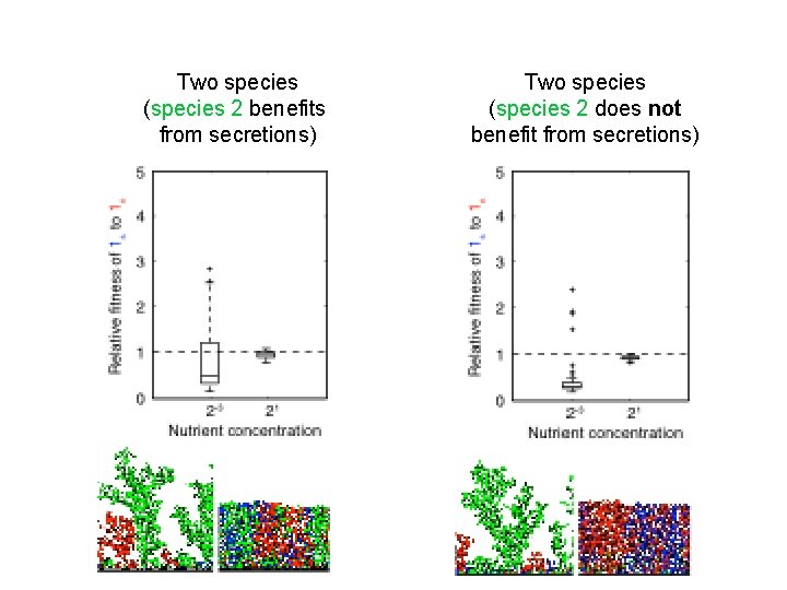 Two species (species 2 benefits from secretions) Two species (species 2 does not benefit