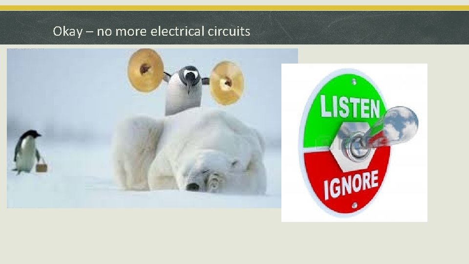 Okay – no more electrical circuits Okay – no more electrical circuits