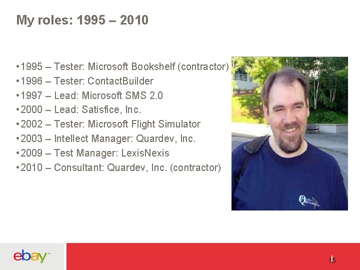 My roles: 1995 – 2010 • 1995 – Tester: Microsoft Bookshelf (contractor) • 1996