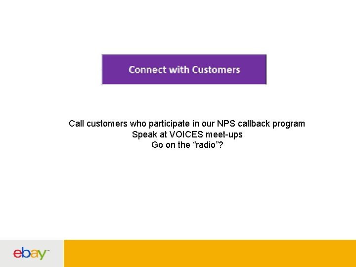 Call customers who participate in our NPS callback program Speak at VOICES meet-ups Go