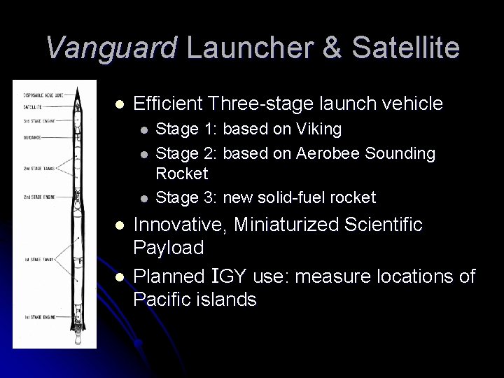 Vanguard Launcher & Satellite l Efficient Three-stage launch vehicle l l l Stage 1: