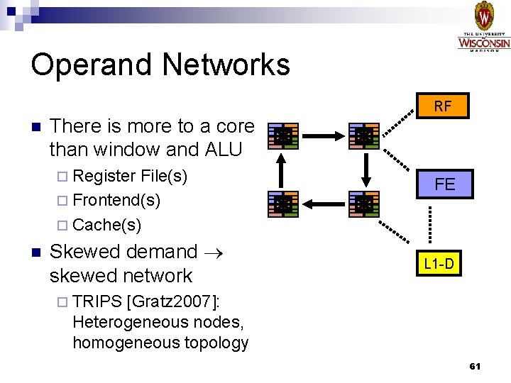 Operand Networks RF n There is more to a core than window and ALU