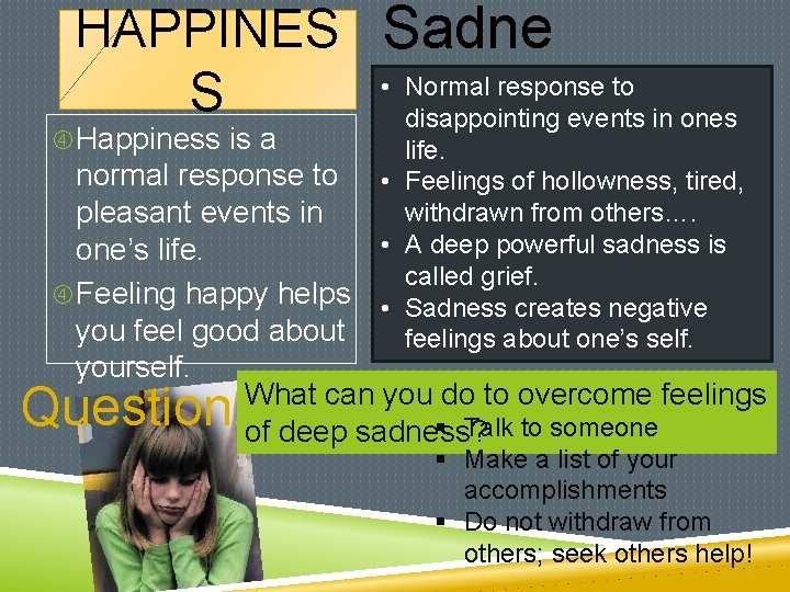 HAPPINES Sadne • Normal response to S ss disappointing events in ones Happiness is
