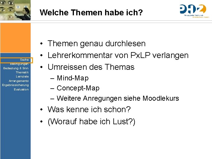 Welche Themen habe ich? Sache Bedingungen Bedeutung & Sinn Thematik Lernziele Arrangements Ergebnissicherung Evaluation