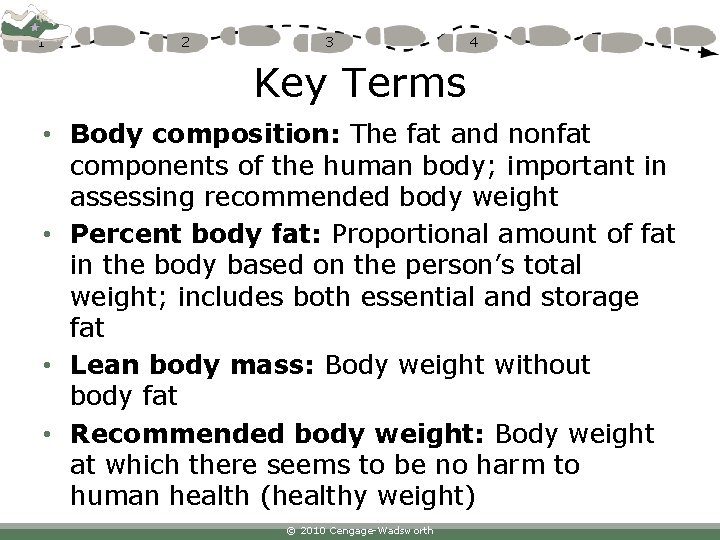 1 2 3 4 Key Terms • Body composition: The fat and nonfat components
