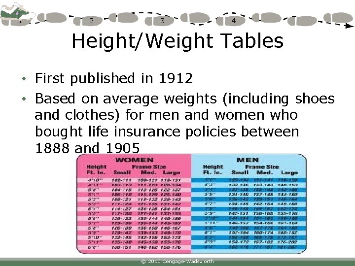 1 2 3 4 Height/Weight Tables • First published in 1912 • Based on