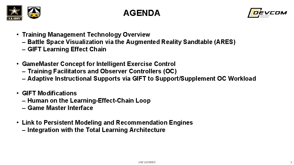 AGENDA • Training Management Technology Overview – Battle Space Visualization via the Augmented Reality