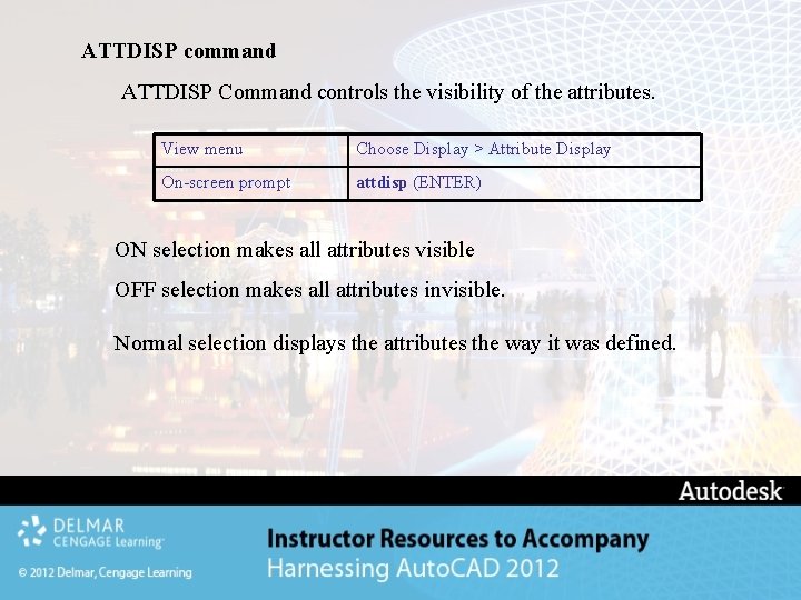 ATTDISP command ATTDISP Command controls the visibility of the attributes. View menu Choose Display