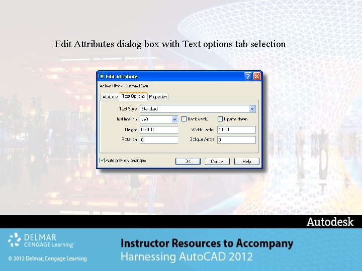 Edit Attributes dialog box with Text options tab selection 