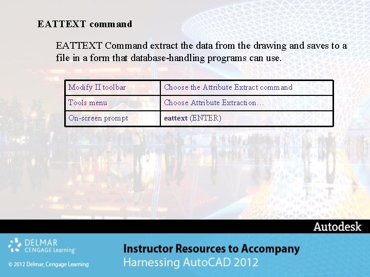 EATTEXT command EATTEXT Command extract the data from the drawing and saves to a