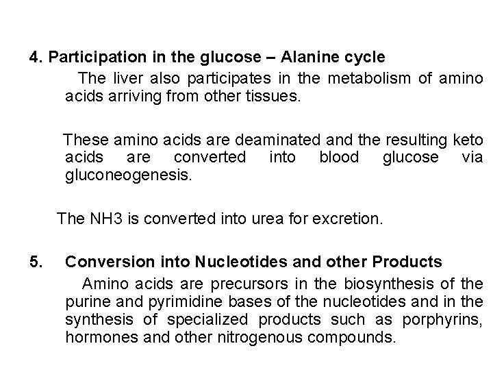 4. Participation in the glucose – Alanine cycle The liver also participates in the