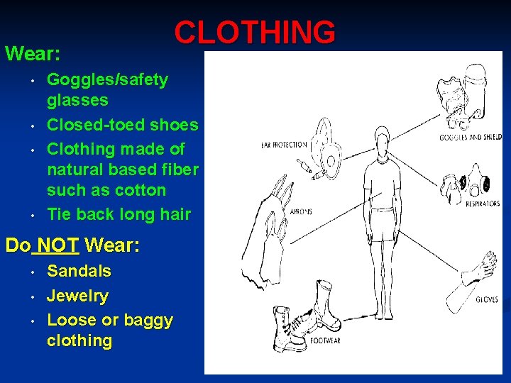 Wear: • • CLOTHING Goggles/safety glasses Closed-toed shoes Clothing made of natural based fiber