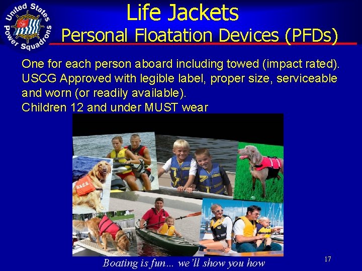 Life Jackets Personal Floatation Devices (PFDs) One for each person aboard including towed (impact