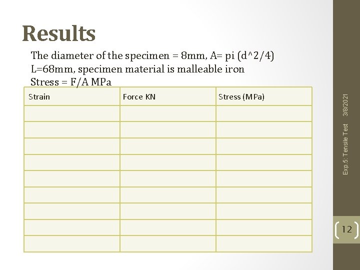 Results Force KN Stress (MPa) Exp. 5: Tensile Test Strain 3/8/2021 The diameter of