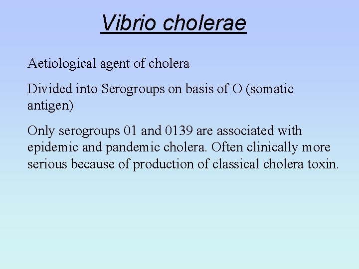 Vibrio cholerae Aetiological agent of cholera Divided into Serogroups on basis of O (somatic