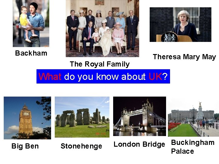 Backham The Royal Family Theresa Mary May What do you know about UK? Big