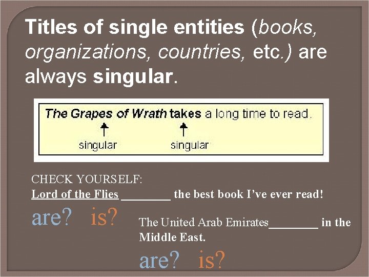 Titles of single entities (books, organizations, countries, etc. ) are always singular. CHECK YOURSELF: