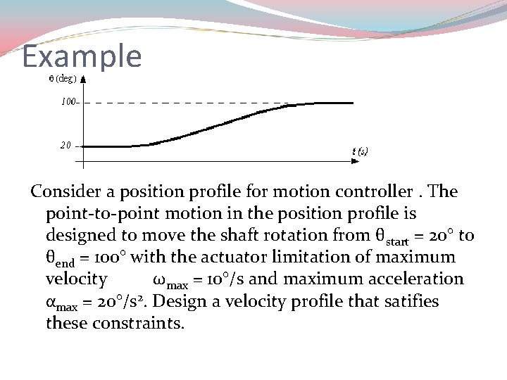 Example Consider a position profile for motion controller. The point-to-point motion in the position