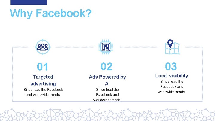 Why Facebook? 01 02 03 Targeted advertising Ads Powered by AI Local visibility Since