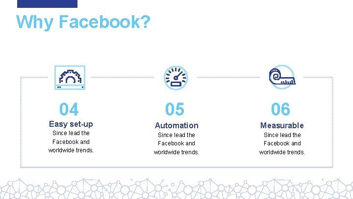 Why Facebook? 04 05 06 Easy set-up Automation Measurable Since lead the Facebook and
