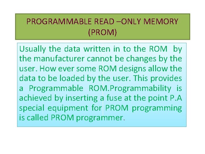 PROGRAMMABLE READ –ONLY MEMORY (PROM) Usually the data written in to the ROM by PROGRAMMABLE READ –ONLY MEMORY (PROM) Usually the data written in to the ROM by