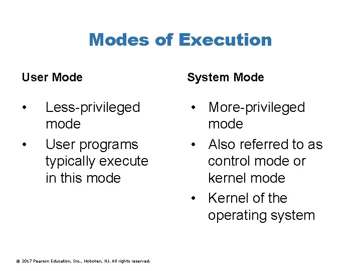 Modes of Execution User Mode • • Less-privileged mode User programs typically execute in