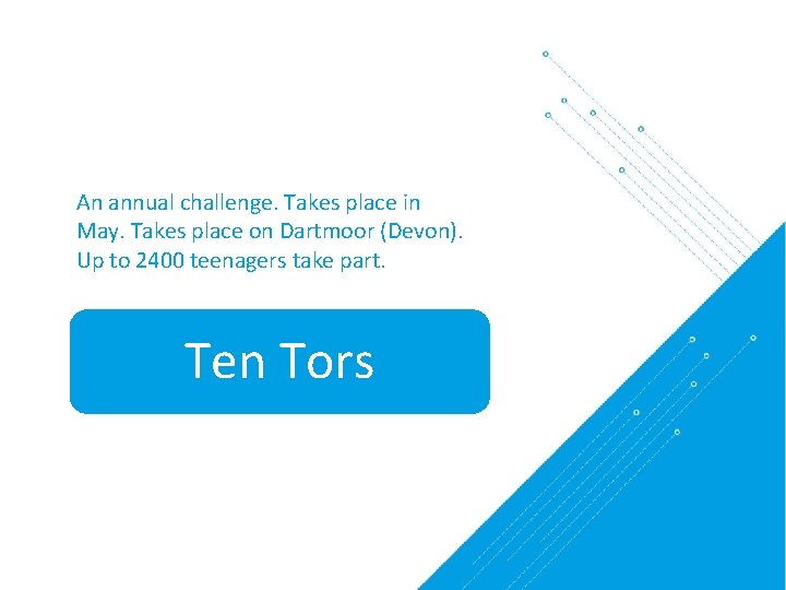 An annual challenge. Takes place in May. Takes place on Dartmoor (Devon). Up to