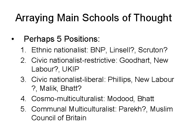 Arraying Main Schools of Thought • Perhaps 5 Positions: 1. Ethnic nationalist: BNP, Linsell?