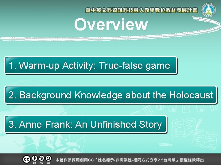 Overview 1. Warm-up Activity: True-false game 2. Background Knowledge about the Holocaust 3. Anne