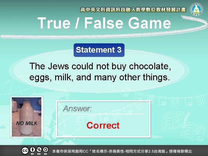 True / False Game Statement 3 The Jews could not buy chocolate, eggs, milk,