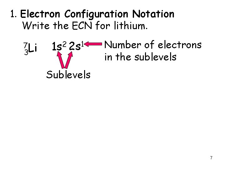 1. Electron Configuration Notation Write the ECN for lithium. 7 Li 3 1 s
