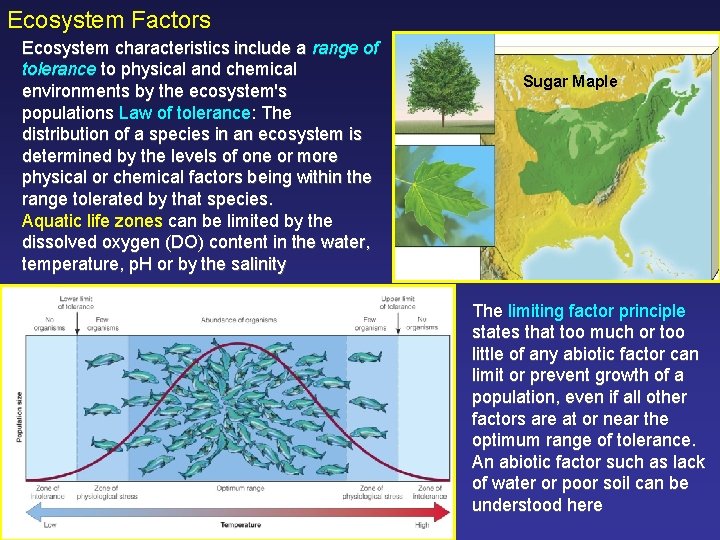 Ecosystem Factors Ecosystem characteristics include a range of tolerance to physical and chemical environments