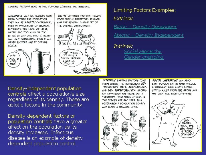 Limiting Factors Examples: Extrinsic Biotic – Density Dependent Abiotic – Density Independent Intrinsic Social