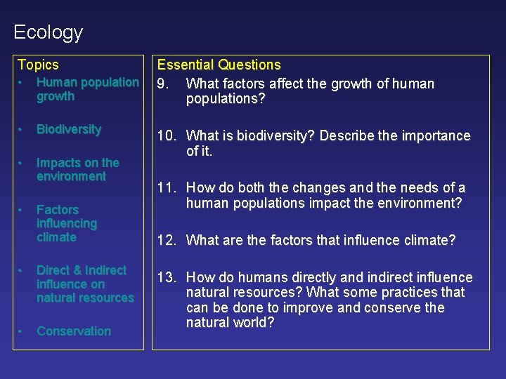 Ecology Topics • Human population growth • Biodiversity • Impacts on the environment •