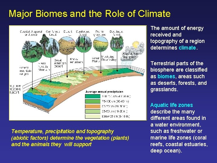 Major Biomes and the Role of Climate The amount of energy received and topography