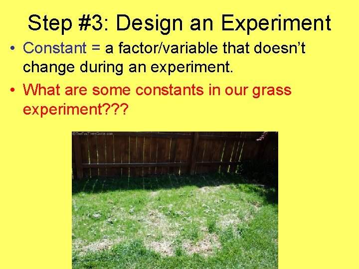 Step #3: Design an Experiment • Constant = a factor/variable that doesn’t change during