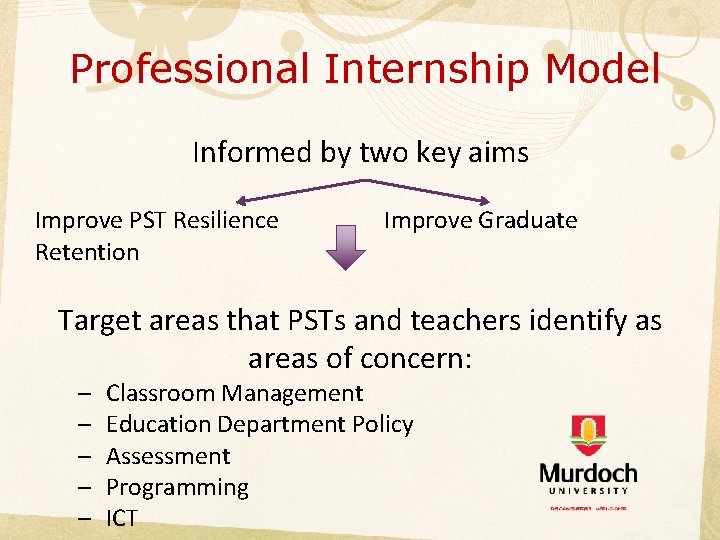 Professional Internship Model Informed by two key aims Improve PST Resilience Retention Improve Graduate